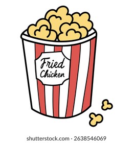 Illustration features a bucket with red and white stripes, full of golden fried chicken and some pieces scattered beside it, all on a white background.
