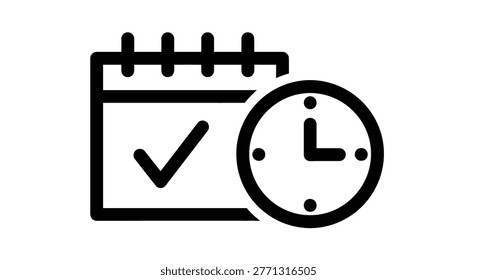 An illustration features a calendar with a check mark and a clock icon, rendered in a simple black and white style. The composition suggests organization and efficiency, possibly representing schedules and deadlines. This graphic, with its clean design and focus on time, could be suitable for various applications, including business presentations and editorial content.