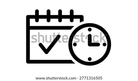 An illustration features a calendar with a check mark and a clock icon, rendered in a simple black and white style. The composition suggests organization and efficiency, possibly representing schedules and deadlines. This graphic, with its clean design and focus on time, could be suitable for various applications, including business presentations and editorial content.