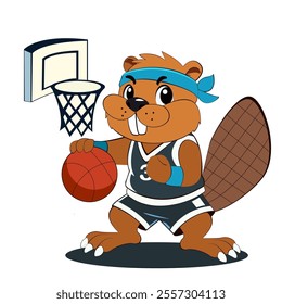 The illustration features a cartoon beaver playing basketball, wearing a sports jersey, headband, and wristbands, holding a basketball near a hoop. It's energetic and playful, ideal for sports-related