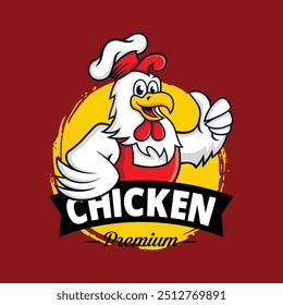 The illustration features a cartoon chicken dressed as a chef, wearing a white toque and a red apron. The chicken is smiling and giving a thumbs-up, suggesting a positive and welcoming attitude. 