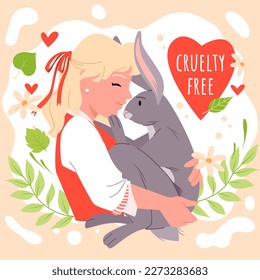 Illustration features a cartoon cute girl hugging a rabbit with love, surrounded by flowers and branches with leaves. slogan Cruelty Free inside a heart, natural products, not tested on animals
