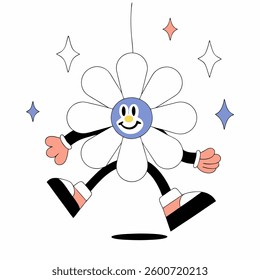 An illustration features a cartoon flower character with distinct retro style. The flower has white petals, a light blue center with a smiling yellow face, and black arms and legs.