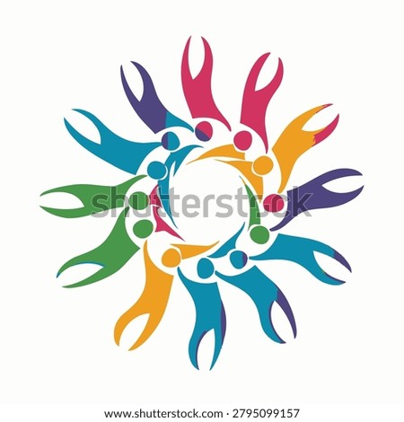An illustration features a circular arrangement of stylized human figures in various colors. The composition utilizes a clean, graphic style, set against a white backdrop. It evokes a sense of connection and collaboration, suitable for conveying ideas of community and teamwork. This image is potentially applicable for diverse commercial and editorial purposes.