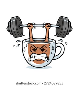La ilustración cuenta con taza de café, levantamiento de pesas y ejercicio físico con barra. Concepto de diseño aislado sobre fondo blanco. Arte vectorial e ilustración de estilo de dibujos animados.