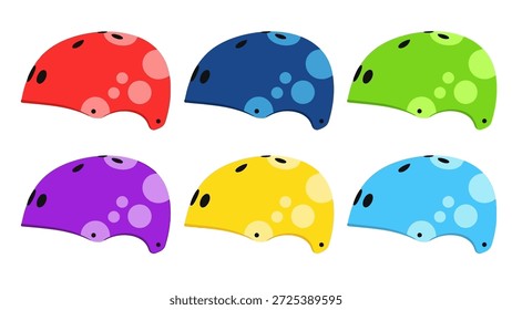 Eine Illustration zeigt eine Kollektion lebendiger Helme, die sich jeweils durch eine andere Farbe auszeichnen. Die Designs zeigen kräftige Farbtöne und Muster vor einem klaren Hintergrund, der die Möglichkeit der Verwendung in Werbematerialien oder Bildungskontexten nahe legt. Die saubere Ästhetik bietet sich für verschiedene visuelle Kommunikationen an.