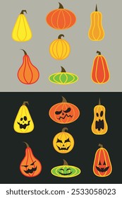 The illustration features colorful pumpkins divided into two parts: on top are simple vegetables, and on the bottom are Halloween versions of them with different faces.