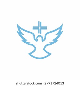 An illustration features a dove with outstretched wings, a symbol of peace, surmounted by a cross. Rendered in a simple, clean design, the image employs a soft blue hue against a white backdrop. It could be suited for various religious, spiritual, or inspirational themes and uses.