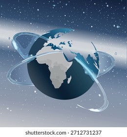 Eine Illustration zeigt die Erde mit leuchtenden Ringen in einer weitläufigen Raumumgebung. Das Bild verwendet ein blaues Farbschema mit himmlischem Hintergrund. Ideal für Technologie oder globale Konzepte.
