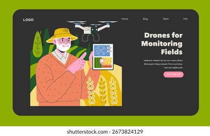 Illustration features a farmer interacting with drone data on a tablet, highlighting the role of drones in monitoring agricultural fields. The design emphasizes technology in farming.