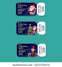 The illustration features four Christmas party tickets for a winter event on December . Each ticket has a festive image: Santa, a Christmas tree, a mouse on an ornament, and an elf with presents.