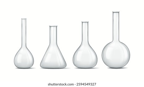 Illustration features four types of transparent laboratory glass vessels with elegant curves and varying shapes, used for scientific experiments and research applications.