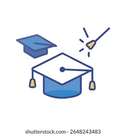 A ilustração apresenta bonés de graduação em um estilo de design plano com cores azul e branco contra um pano de fundo preto.