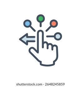 Illustration features a hand with a leftward arrow and colorful options. Flat style with simple shapes and bold outline.