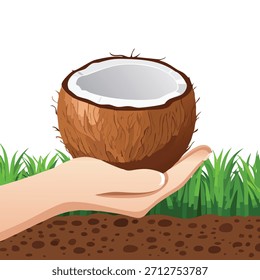 Una ilustración presenta una mano que presenta un coco cortado a la mitad contra un telón de fondo de hierba y tierra. La Imagen utiliza colores brillantes y un diseño plano.