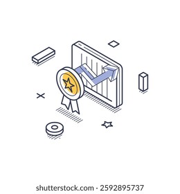 Illustration features an isometric line art design showcasing a growing graph along with a medal. This symbolizes the achievement and success of a business startup