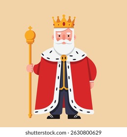 Illustration features a king with white beard wearing a red robe and golden crown holding a scepter. The background is beige with simple flat design, presenting a regal mood.