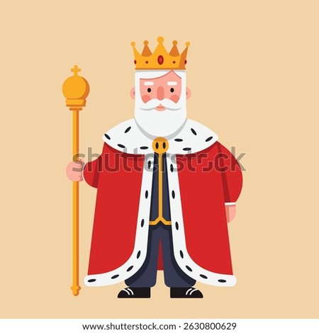 Illustration features a king with white beard wearing a red robe and golden crown holding a scepter. The background is beige with simple flat design, presenting a regal mood.