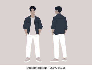 Una ilustración presenta a un personaje masculino con un atuendo casual moderno, relajado con las manos en los bolsillos, mostrando vistas tanto frontales como traseras sobre un fondo simple, emanando un ambiente fresco