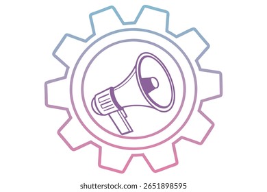 A illustration features a megaphone inside a gear. The design uses a gradient of blue, purple, and pink on a white background. The style is minimalist and outlined.