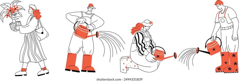The illustration features multiple people watering plants with colorful watering cans in a simple line art style