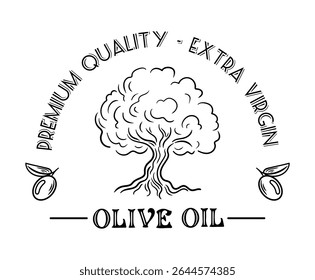 illustration features an olive oil label adorned with a beautiful olive tree design. It captures the essence of nature and Mediterranean charm, ideal for showcasing premium quality and authenticity.