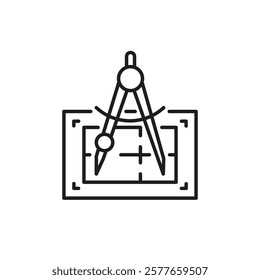 The illustration features an outline icon that depicts a compass placed over a blueprint, effectively symbolizing the concepts of renovation and construction design within the industry