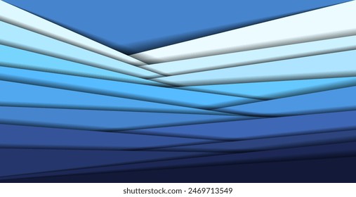 illustration features overlapping, gradient blue stripes creating a sense of depth and movement. The varying shades of blue transition smoothly from light to dark, paper cut style
