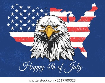 An illustration features a proud eagle against a textured American flag backdrop. The artwork captures the spirit of the Fourth of July celebration with patriotic colors and symbols.