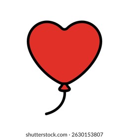 Illustration features a red heart-shaped balloon with a black outline and a curved string. Great for Valentine's Day themes, love, and simple designs.