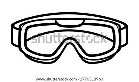 An illustration features safety goggles with a black outline against a clean white background. The design emphasizes the shape and components of the goggles, including the frame and the strap. This vector-style artwork uses bold lines, creating a clear and easily recognizable image. It is suitable for various commercial uses, especially related to safety and protection themes.