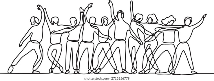 Illustration features simple line drawing of group of happy people dancing together. Sketch art represents celebration, party, freedom, joy. Design shows diverse people expressing themselves through dance. Simple line art is drawn in minimalist style. Vector illustration on transparent background.