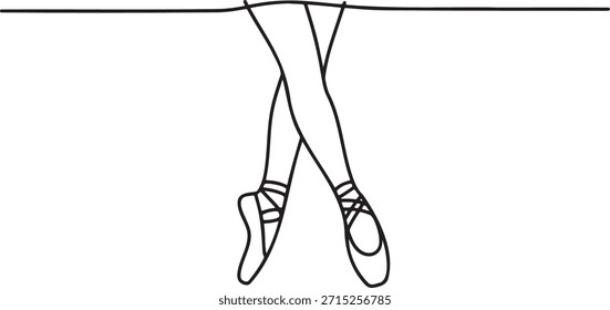 La ilustración presenta un dibujo de línea simple de piernas de bailarina y zapatos de ballet. El arte del boceto representa la danza, el arte, el rendimiento, la elegancia. El diseño muestra la belleza del ballet. El arte lineal simple se dibuja en estilo minimalista. Ilustración vectorial sobre fondo transparente.
