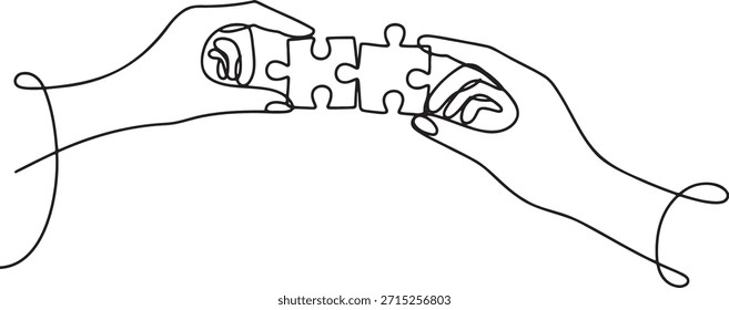 La ilustración presenta un simple dibujo de líneas de manos que conectan piezas del rompecabezas. El arte del boceto representa la colaboración, la cooperación, la solución, el trabajo en equipo. El diseño muestra a las personas trabajando juntas para lograr un objetivo común. El arte lineal simple se dibuja en estilo minimalista. Ilustración vectorial sobre fondo transparente.