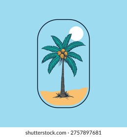 Illustration features a single coconut palm tree (Cocos nucifera) with green fronds and yellow coconuts, set against a sandy beach. A stylized white sun is visible in the blue sky. The artwork is framed by an oval border with a light blue background, emphasizing a tropical theme.