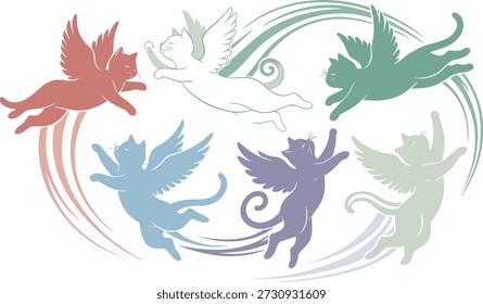 Una ilustración presenta seis gatos alados en varias poses, volando sobre un fondo blanco. Cada gato tiene un color pastel diferente, que incluye rojo, verde claro, verde oscuro, azul, púrpura y verde pálido, con swooshes de colores que indican movimiento.