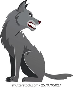 Illustration features a stylized gray wolf sitting with a fierce expression, baring its sharp teeth. The wolf's fur is detailed with jagged edges, giving it a wild and untamed look. Its gaze is focuse