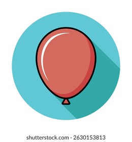 An illustration features a stylized red balloon, outlined in black, set against a light blue circular backdrop. The balloon casts a long shadow, enhancing the cartoon aesthetic.