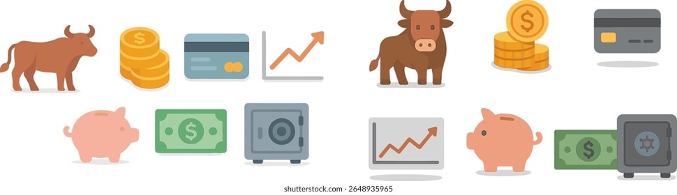 Illustration features symbols related to finance, including coins, banknotes, and animals representing market trends. The imagery conveys investment themes and economic indicators.