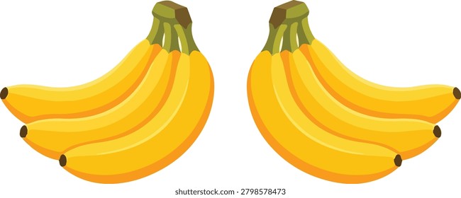The illustration features a symmetrical vector layout of two separate bunches of ripe yellow bananas set against a clean, plain white background. Each bunch contains three brightly colored bananas, mirrored to curve inward toward each other. The fruits exhibit smooth shading with warm golden-yellow tones and subtle green gradients near the stems, creating a clean, modern, and appetizing flat graphic style ideal for commercial design, patterns, or food branding.