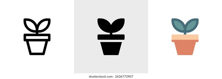 Illustration features three distinct plant icons. Each icon depicts a plant sprouting from a terracotta pot, rendered in outline, solid black silhouette, and colorful flat design.
