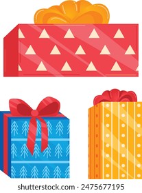 illustration features three gift boxes vibrant colors patterns, topmost gift box red white triangles large, one blue white trees red, polka dots stripes