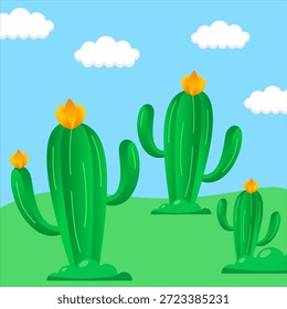 A ilustração apresenta três cactos verdes com flores laranja brilhantes em pé em um campo verde exuberante sob um céu azul claro com nuvens brancas macias, retratando uma paisagem desértica alegre.