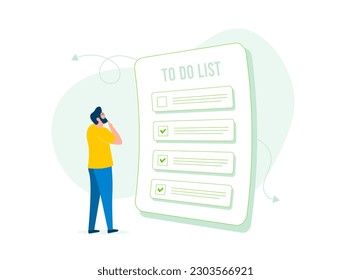 Illustration features to-do list app with task management, reminders and checklists. Character is standing next to the list, symbolizing the completion of a task or finding a solution to a problem