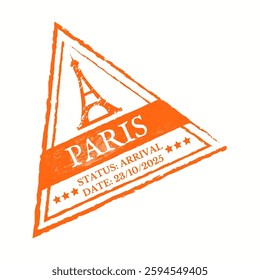 Illustration features triangleshaped vintage style graphic in orange color. Design includes Eiffel Tower silhouette and details like arrival status and date 23102025.