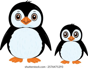  Illustration features two cartoon penguins, a larger one and a smaller one, representing a parent and child. Their big expressive eyes, round bodies, and soft color palette make them perfect for chil