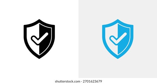Die Abbildung zeigt zwei Schildsymbole, eines in Schwarz und Weiß, das andere in Blau, jedes mit einem Häkchen im Inneren, das Sicherheit, Sicherheit und Schutzbestätigung symbolisiert.