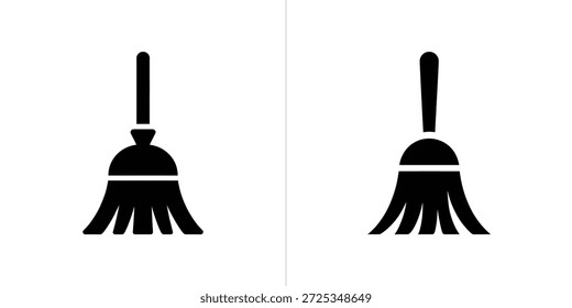 La ilustración presenta dos iconos de escoba simples en silueta negra sobre un fondo blanco, ideales para diseños que necesitan símbolos de limpieza o tareas domésticas.