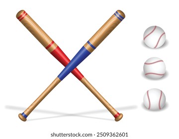 An illustration of features two wooden baseball bats crossed in an "X" shape, with one bat highlighted in red and the other in blue. To the right, three baseballs are arranged vertically, showcasing