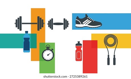 Una ilustración presenta varios equipos de ejercicio que incluyen mancuernas, una zapatilla para correr, botellas de agua y un cronómetro. La composición utiliza un estilo de diseño plano, con un fondo colorido. Esta Imagen podría ser adecuada para contenido comercial y editorial relacionado con el fitness y el bienestar, y para fines educativos.